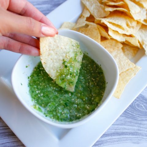 a bowl of homemade tomatillo salsa