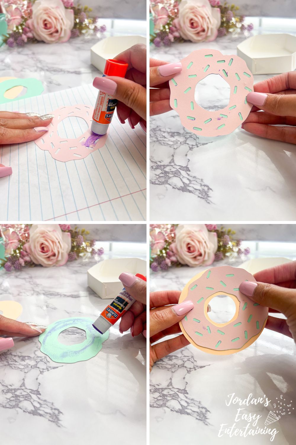 Step-by-step photo of assembling a donut-shaped paper topper with cardstock frosting and sprinkle cutouts using glue and foam tape.