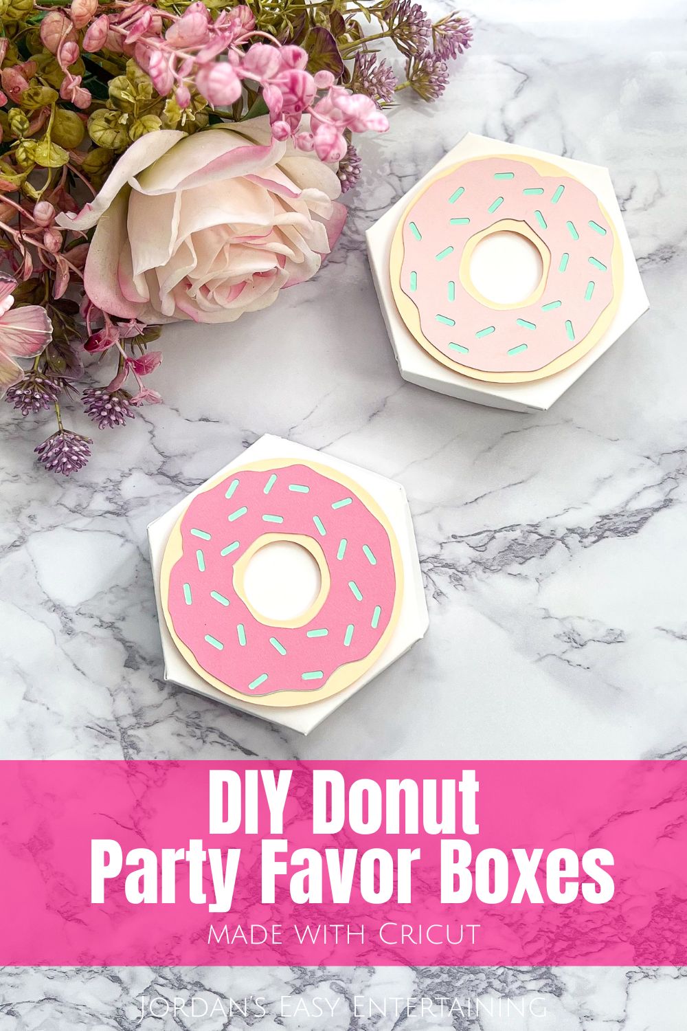 Pastel pink DIY donut party favor box made with Cricut, styled with sprinkles and kraftboard, perfect for birthday or brunch party favors.