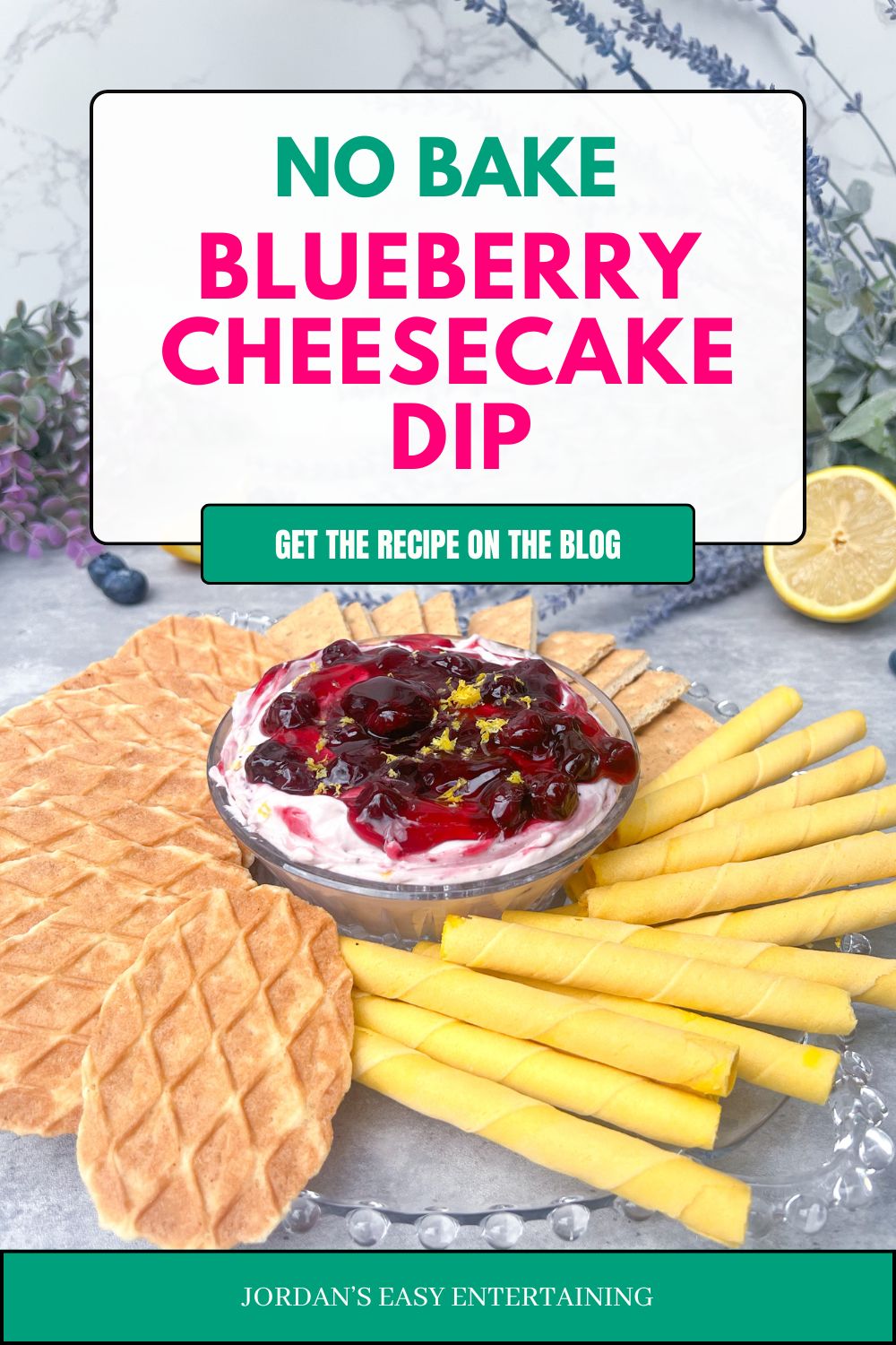 a pinterest image for no bake blueberry cheesecake dip - a quick and easy blueberry cream cheese dessert for a party
